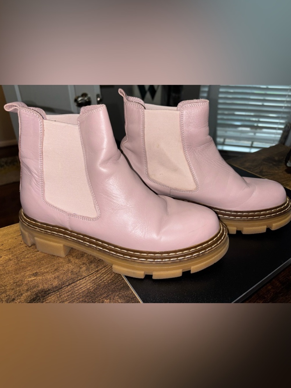 Pink Leather Chelsea Boots with Lug Sole by Mandy